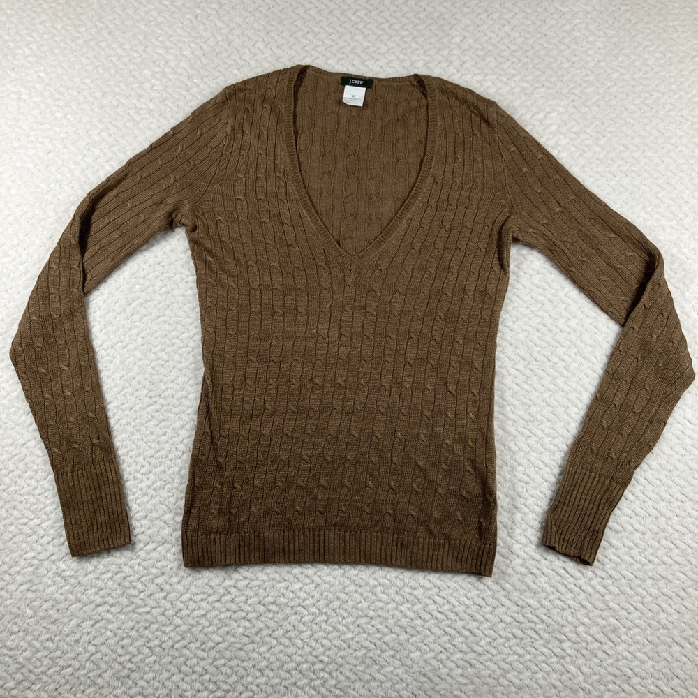 J. Crew Cable Knit Sweater Womens XS Brown 100% Linen Coastal Fisherman Academia